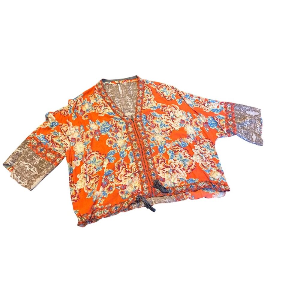 Free People XS/S Floral Geometric Print Long Sleeve‎ Jacket Zip Front Boho Artsy